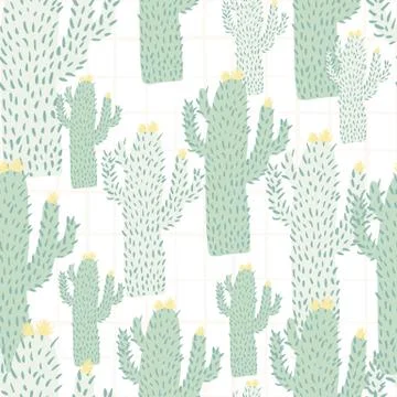 Cactus seamless pattern in doodle style. Cacti wallpaper on white background. Illustrazione stock
