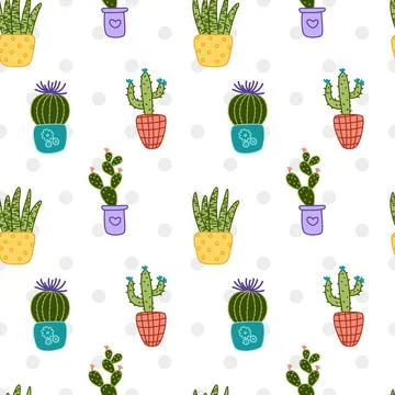 Cactus seamless pattern. Flowering cacti. Houseplant. Doodle, cartoon, vector Stock Illustration
