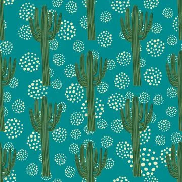 Cactus seamless pattern on green background. Cacti doodle vector illustration イラスト素材