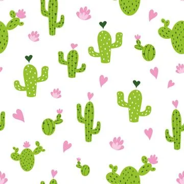 Cactus seamless pattern with hearts in green, pink and white colors. Natural  Stock Illustration