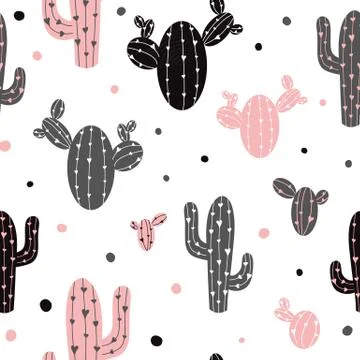 Cactus. Seamless pattern vector background Black pink cactus on white backgro Stock Illustration