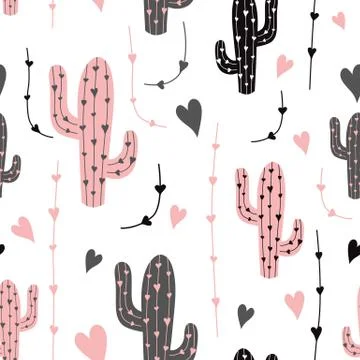 Cactus seamless pattern vector background Black pink grey cactus on white bac Stock Illustration