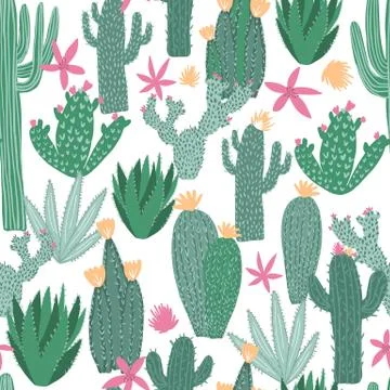 Cactus seamless pattern on white background. Doodle exotic wallpaper. Stock Illustration