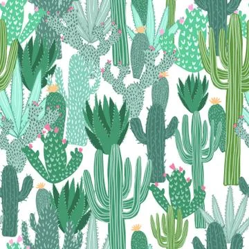 Cactus seamless pattern on white background. Doodle exotic wallpaper. Illustrazione stock