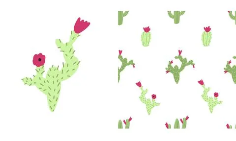 Cactus seamless pattern on white background. Nursery childish illustration in Stock Illustration
