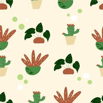 Cactus seamless pattern on white background Different kinds and colors Stock Illustration