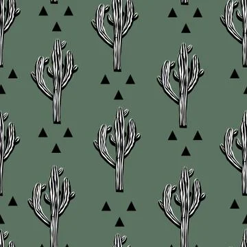 Cactus seamless vector pattern with saguaro. Stock Illustration