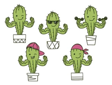 Cactus show muscle biceps. Vector color set Printable cartoon illustration is Stock Illustration