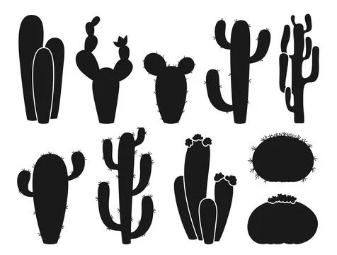 Cactus silhouette exotic set shadow succulent plants desert shape cacti stamp Stock Illustration