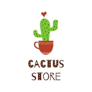 Cactus store text Cute funny logo for cactus flower store or company Hand dra Stock Illustration