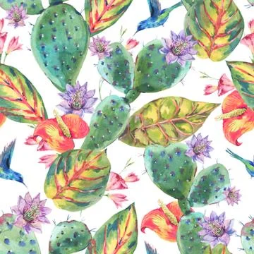 Cactus summer watercolor seamless pattern Stock Illustration