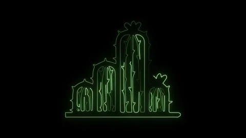 Cactus tree with glowing neon animation. 4K Black Background. Stock Footage 256622295