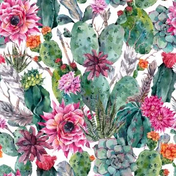 Cactus watercolor seamless pattern in boho style Illustrazione stock