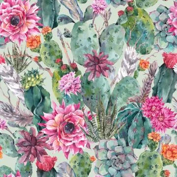 Cactus watercolor seamless pattern in boho style Illustrazione stock