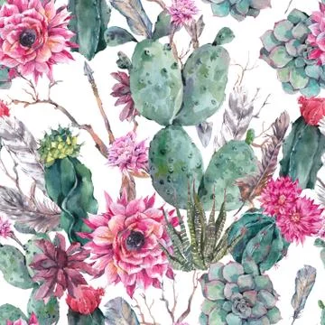Cactus watercolor seamless pattern in boho style Stock Illustration