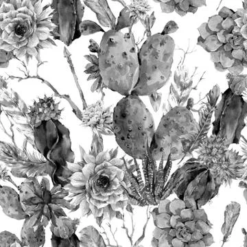 Cactus watercolor seamless pattern in boho style Stock Illustration