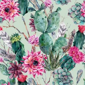 Cactus watercolor seamless pattern in boho style Stock Illustration