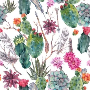 Cactus watercolor seamless pattern in boho style Stock Illustration