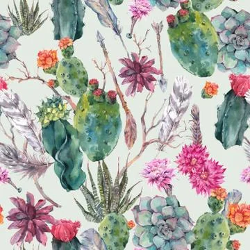 Cactus watercolor seamless pattern in boho style Stock Illustration