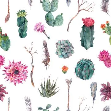 Cactus watercolor seamless pattern in boho style Stock Illustration