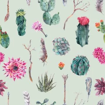 Cactus watercolor seamless pattern in boho style Stock Illustration