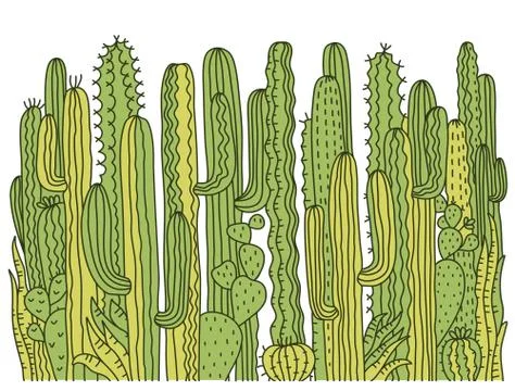 Cactuses background. Green Succulent vector hand drawn illustration for desig Stock Illustration