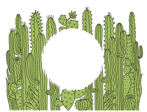 Cactuses frame background. Green Succulent vector hand drawn illustration for Stock Illustration