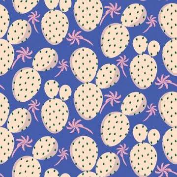 Cactuses pink vector seamless blue pattern. Abstract desert nature textile print Stock Illustration