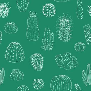 Cactuses seamless pattern, hand drawn vector illustration. outline sketch chalk Stock Illustration