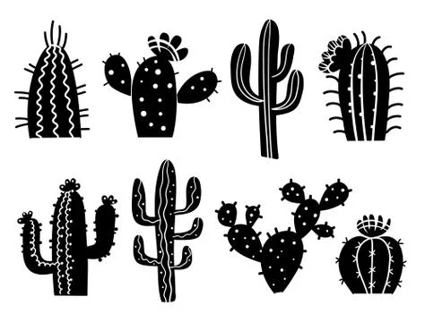 Cactuses silhouette. Vector set cactuses, aloe and leaves Collection of exoti Stock Illustration