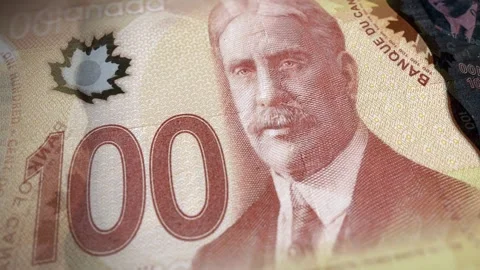 CAD $100 Banknotes Sliding in Close-Up Macro Loop Animation Stock Footage 292323954