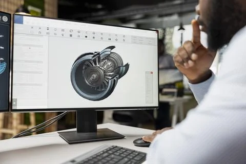 CAD designer uses computer app in office to refine turbine Stock Photos