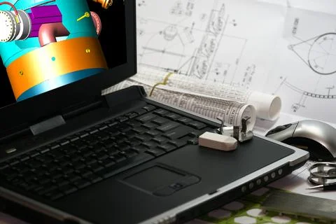 CAD Engineering Design on Laptop with Technical Blueprints Stock Photos