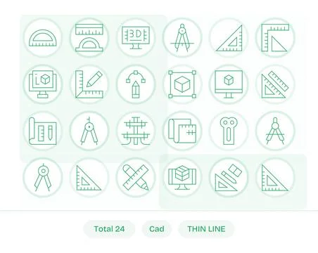 Cad Pixel Aligned Vector Set with 24 High Resolution Thin Line Icons Stock Illustration