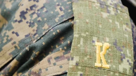 Cadet patch on a military uniform close-up. Russian automobile troops Video stock 117693393