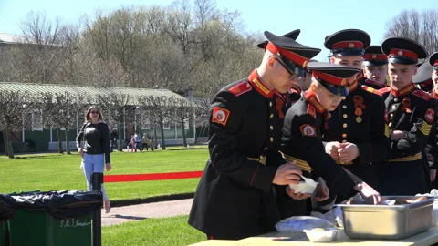 Cadets in the field kitchen get lunch Stock Footage 95066122