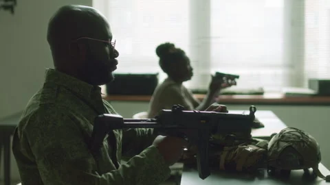 Cadets Learning How to Use Machine Pistol in Classroom Vídeos de archivo 257795590