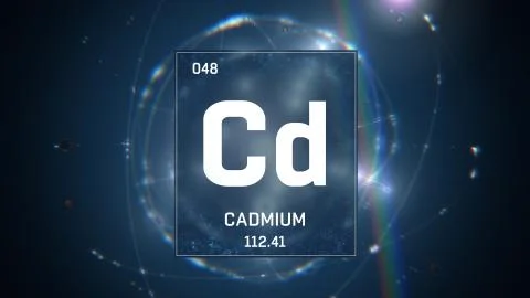 Cadmium as Element 48 of the Periodic Table 3D illustration on blue background Stock Illustration