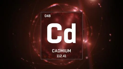 Cadmium as Element 48 of the Periodic Table 3D illustration on red background Stock Illustration