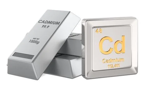 Cadmium ingots with Cd chemical element symbol, 3D rendering Stock Illustration