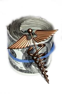 Caduceus and wad of us dollar bills Stock Illustration