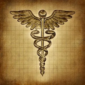 Caduceus on an old grunge parchment document as a vintage medical symbol and  Stock Illustration