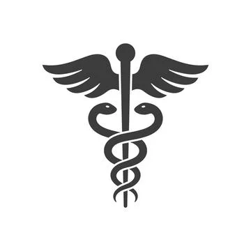Caduceus symbol with wings and two snakes entwined around a staff, isolated.. Stock Illustration