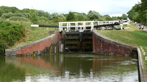 Caen Canal Locks.  A view up the stepped locks Stock Footage 40595900