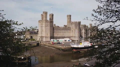 Caernarfon castle forward shot between trees Stock Footage 187706946