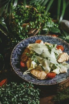Caesar grilled chicken salad with cherry tomatoes and parmesan cheese Stock Photos
