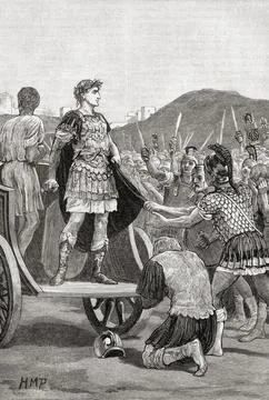 Caesar regaining the loyalty of mutinous soldiers of the 10th legion in the Camp Stock Illustration