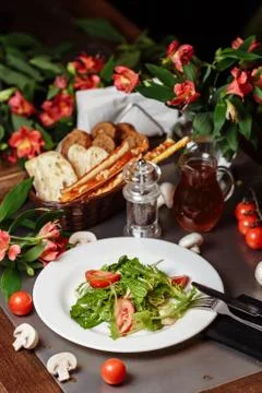 Caesar salad with chicken, cherry tomatoes, lettuce 스톡 사진