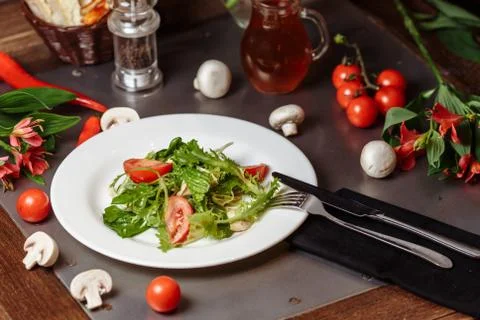 Caesar salad with chicken, cherry tomatoes, lettuce Stock Photos
