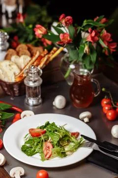 Caesar salad with chicken, cherry tomatoes, lettuce Stock Photos